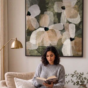 Tableau Floral Abstrait — Fleurs Vertes & Beige