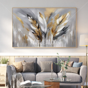 Plumes Dorées : Toile Décorative Abstrait
